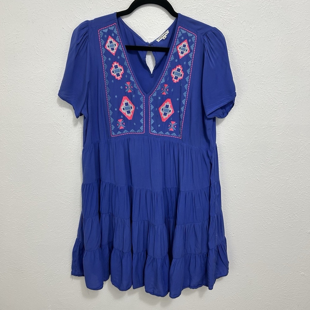 Jodifl Blue Geometric Embroidered Tiered Ruffle Cap Sleeve Shift Dress Sz M Boho